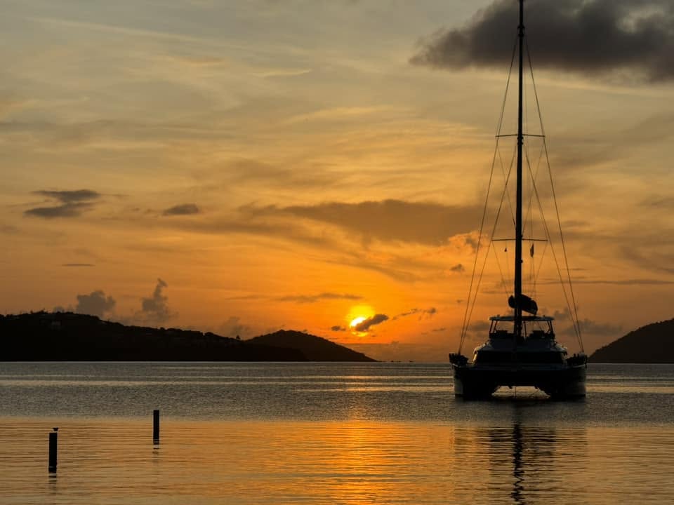 Catamaran silhouette at Caribbean sunset