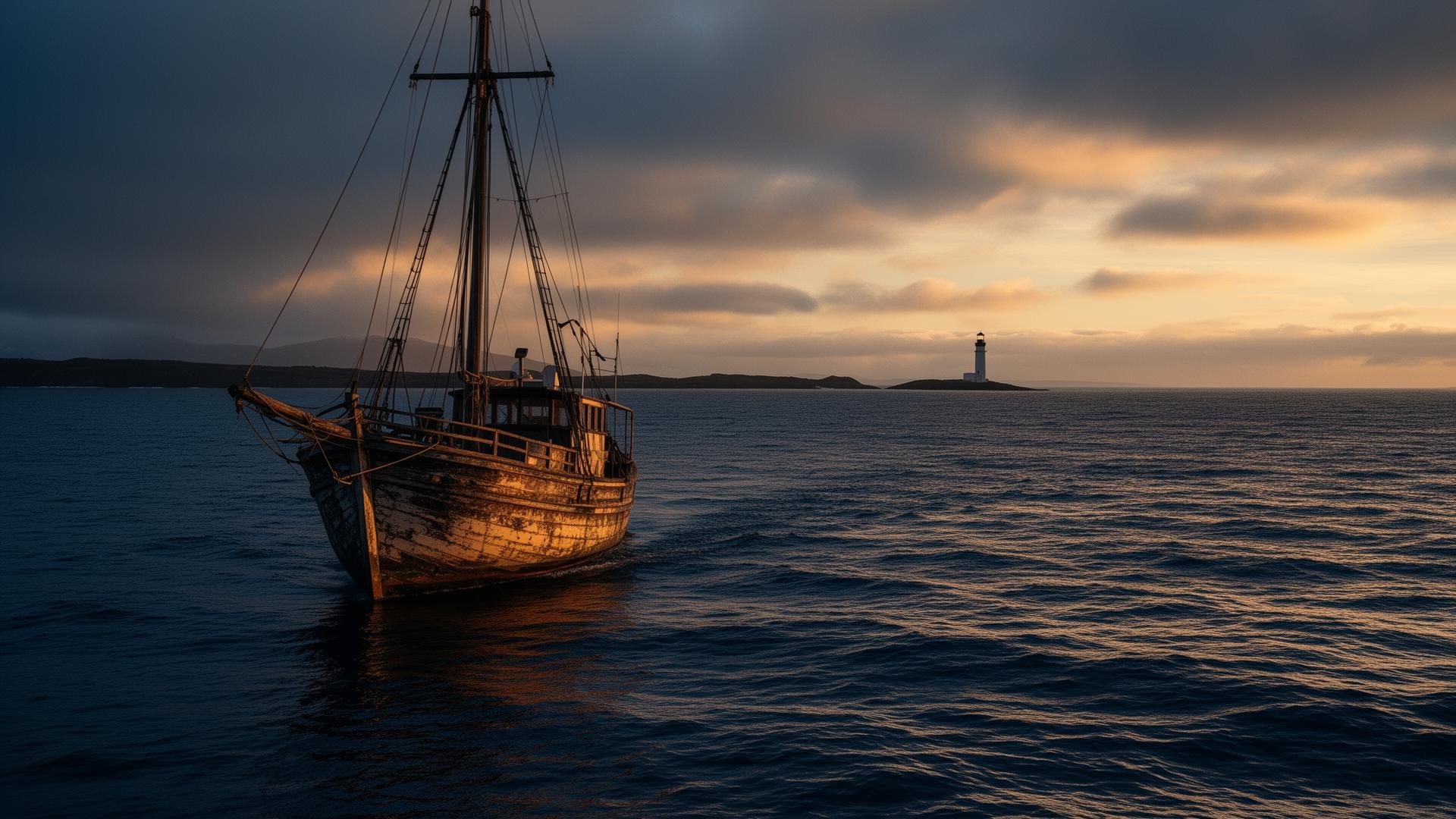 Sailboat at golden hour with distant lighthouse